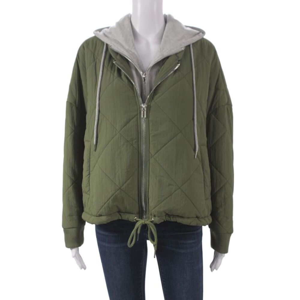 Edit by Nine Womens Quilted Nylon Argyle Jacket Zip Long Sleeve Green Size S